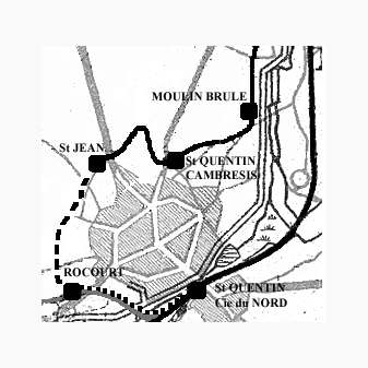 Plan des gares du Cambrésis à St-Quentin 
La section en pontillés de la gare du Nord à la gare St-Jean n'a pas été reconstruite aprés la guerre 14-18.

